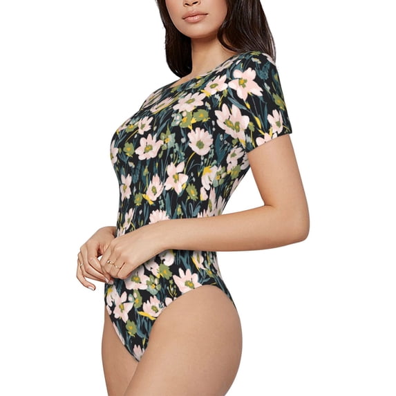Uemuo Flowers Pattern Women's One Piece Short Sleeve Swimsuit Rash Guard Surfing Modest Quick-drying Swimsuit Beach Essentials-Small