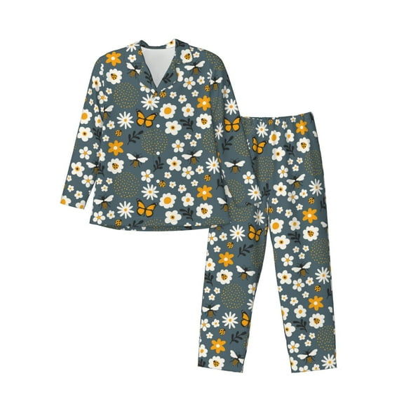 Uemuo Flowers and Bee Pattern 2-Piece Loungewear Set - Men’s Soft Sleepwear, Cozy Winter PJs, Comfy Sleep Set-XX-Large