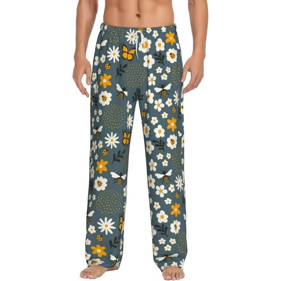 Uemuo Flowers and Bee Pattern Men's Wide Leg Palazzo Lounge Pants with Pockets Light Weight Loose Comfy Casual Pajama Pants-X-Large