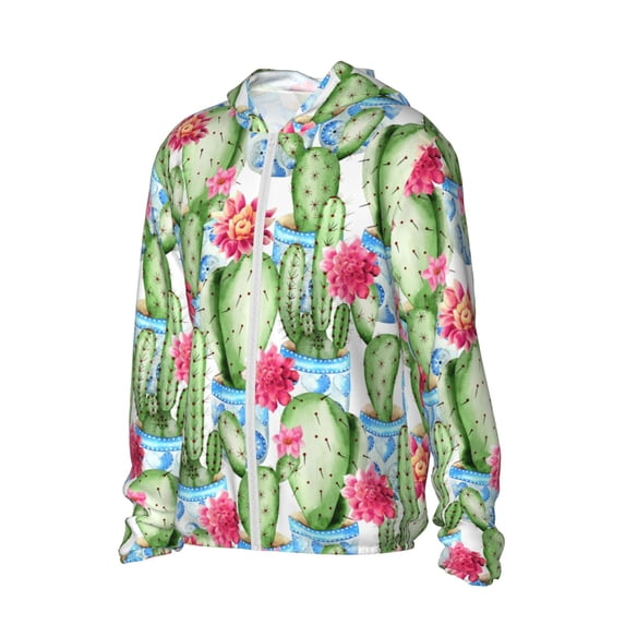 Uemuo Flowers and Cactus Pattern Women's Full Zip UPF 50+ Sun Protection Hoodie Jacket Long Sleeve Sun Shirt Hiking Outdoor Performance with Pockets-