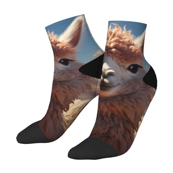 Uemuo Fluffy Alpaca Mountain Meadow Printed Crew Socks, Moisture-Wicking Socks, Athletic Socks for Men Breathable Cushion Socks Casual Sport Socks for Running Traveling