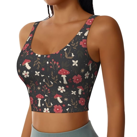 Uemuo Fly Agaric and Flowers Pattern Women's Sports Bra - High Impact Support, Breathable, and Comfortable Athletic Bra for Running, Yoga, and Workouts