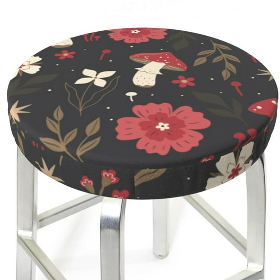 Uemuo Fly Agaric and Flowers Pattern Round Bar Stool Seat Covers Washable Stool Cushion Slipcover Elastic Bar Chair Covers-14 inch