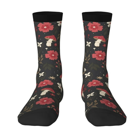 Uemuo Fly Agaric and Flowers Pattern Women's Crew Socks, Soft Durable Breathable Moisture-Wicking with Odor Control Cotton socks