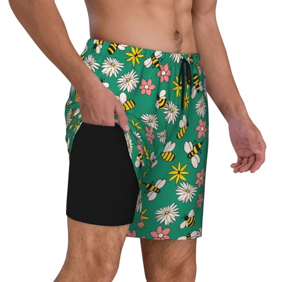 Uemuo Flying Bees Pattern Mens Swim Trunks Quick Dry Board Shorts with Mesh Lining, Stretch Beach Shorts Quick Dry No-Chafing Board Shorts-X-Large