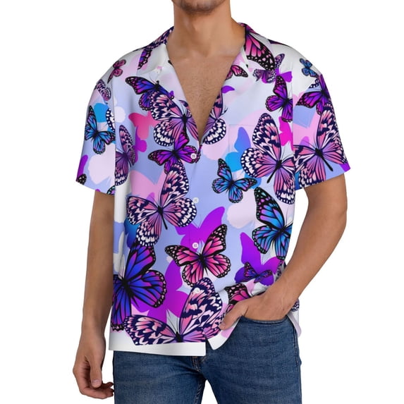 Uemuo Flying Butterflies Pattern Cotton Linen Short Sleeve Shirts,Casual Lightweight Button Down Shirts,Vacation Beach Summer Tops-X-Large