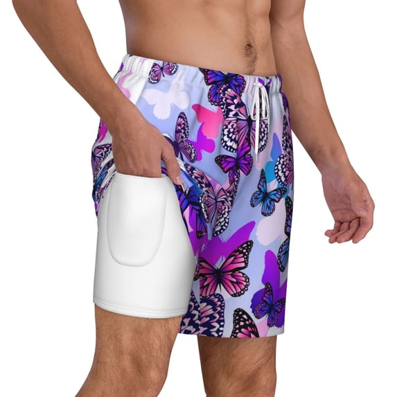 Uemuo Flying Butterflies Pattern Mens Swim Trunks Quick Dry Board Shorts with Mesh Lining, Stretch Beach Shorts Quick Dry No-Chafing Board Shorts-XX-Large