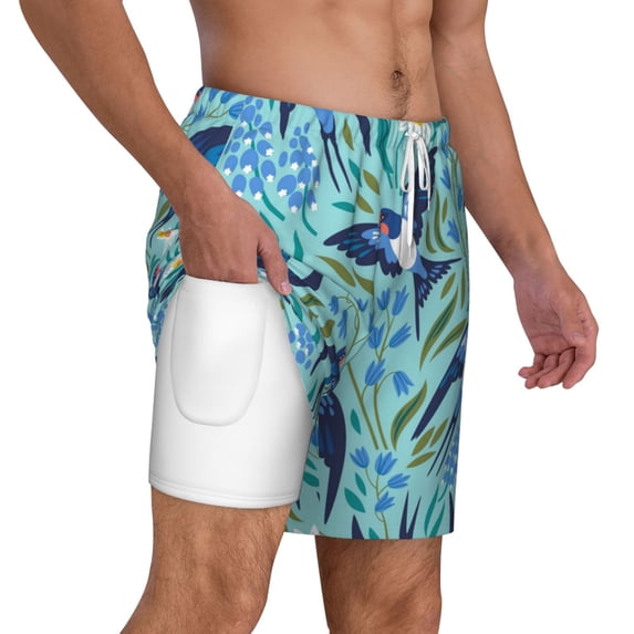 Uemuo Flying Swallows Pattern Mens Swim Trunks Quick Dry Board Shorts with Mesh Lining, Stretch Beach Shorts Quick Dry No-Chafing Board Shorts-XX-Large