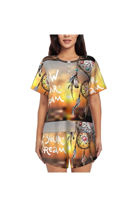 Follow Your Dream Dreamcatcher Pattern Women's Short-Sleeved Pajama, Button-Front Loungewear, 2-Piece Summer Sleepwear, Elastic Drawstring Shorts-Large