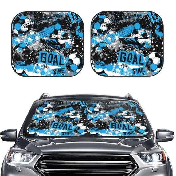 Uemuo Football Time Printed 2 PCS Car Windshield Sun Shade, Auto Sun Heat and UV Rays Blocker, Foldable Automotive Front Window Sunshade Protector