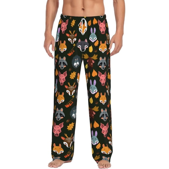Uemuo Forest Animal Faces Pattern Men's Wide Leg Palazzo Lounge Pants with Pockets Light Weight Loose Comfy Casual Pajama Pants-Small