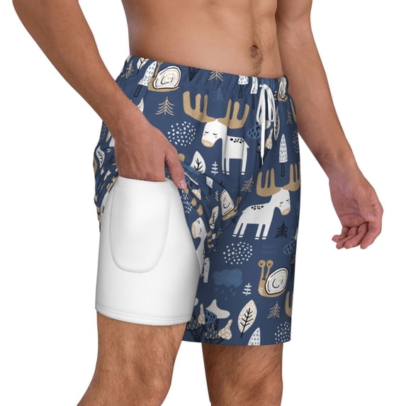 Uemuo Forest Elk Pattern Mens Swim Trunks Quick Dry Board Shorts with Mesh Lining, Stretch Beach Shorts Quick Dry No-Chafing Board Shorts-X-Large