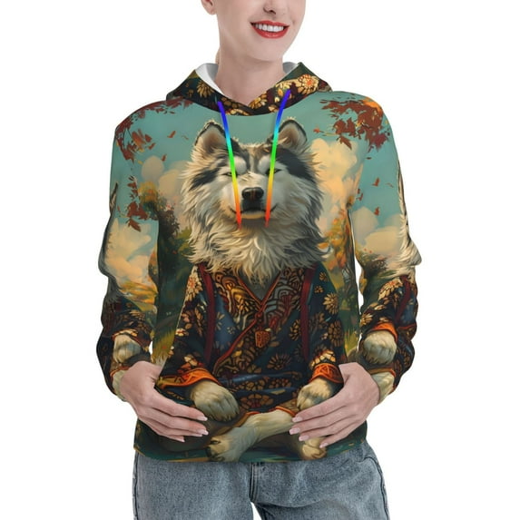 Uemuo Forest Maple Leaf Husky Pattern Women's Hoodie with Eye-catching Drawstrings- Casual Pullover Hoodie with Kangaroo Pocket, Stylish Hooded Sweatshirt-Medium