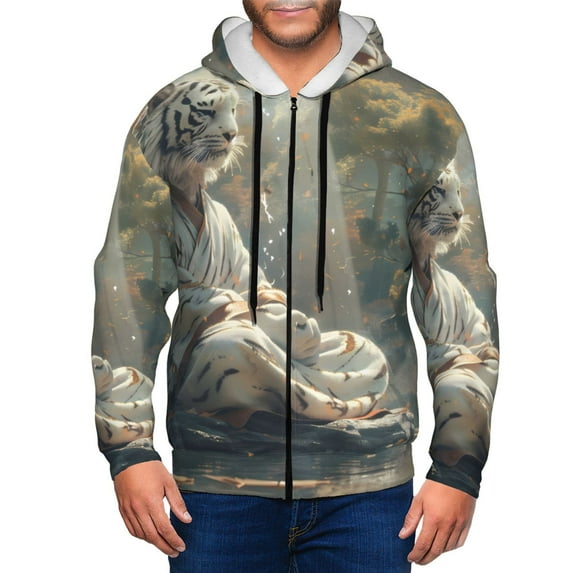 Uemuo Forest Meditating White Tiger for Men's Fashion Full-zip Hoodies & Sweatshirts with Kangaroo Pocket, Zip-up Hooded Sweatshirt, Moisture Wicking & Breathable-Small