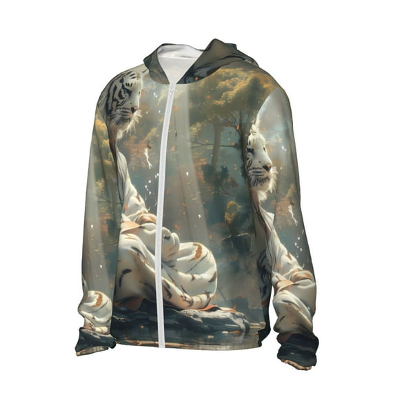 Uemuo Forest Meditating White Tiger Pattern Women's Full Zip UPF 50+ Sun Protection Hoodie Jacket Long Sleeve Sun Shirt Hiking Outdoor Performance with Pockets-Large