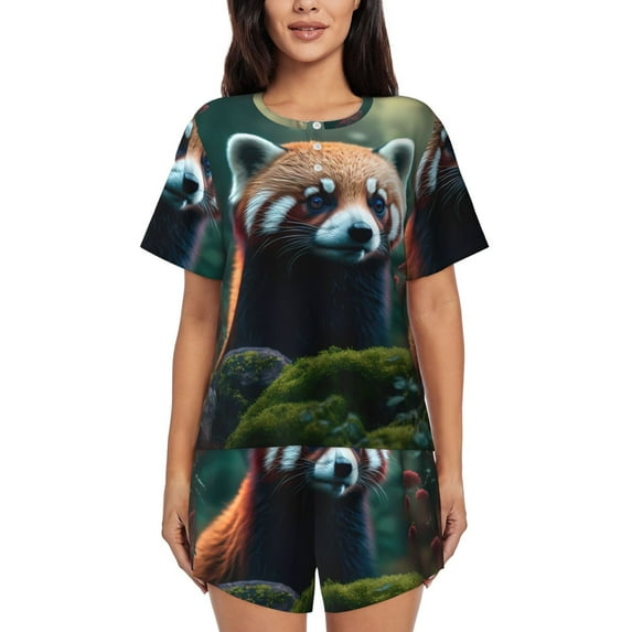 Uemuo Forest Plant Raccoon Pattern Women's Short-Sleeved Pajama, Button-Front Loungewear, 2-Piece Summer Sleepwear, Elastic Drawstring Shorts-Small