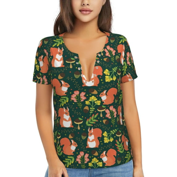 Uemuo Forest Squirrel Drawing Women's Deep V-Neck Low Cut Tops - Casual Loose Fit with Stainless Steel Loop, Soft, Breathable, Perfect for Office, Travel, and Daily Wear-Small