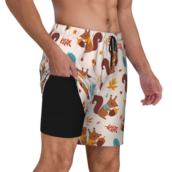 Uemuo Forest Squirrel Nuts Pattern Mens Swim Trunks Quick Dry Board Shorts with Mesh Lining, Stretch Beach Shorts Quick Dry No-Chafing Board Shorts-XX-Large