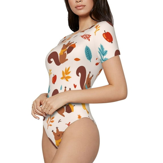 Uemuo Forest Squirrel Nuts Pattern Women's One Piece Short Sleeve Swimsuit Rash Guard Surfing Modest Quick-drying Swimsuit Beach Essentials-