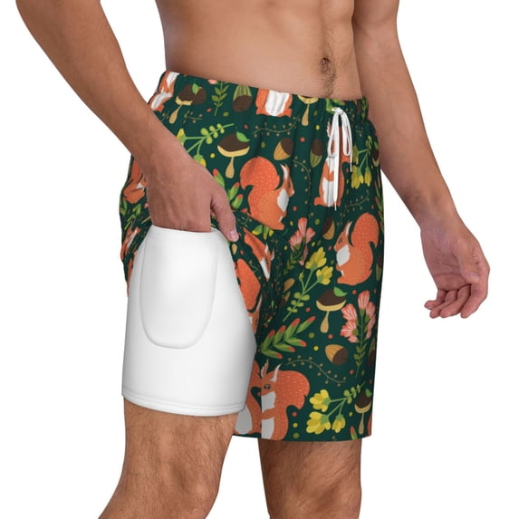 Uemuo Forest Squirrel Pattern Mens Swim Trunks Quick Dry Board Shorts with Mesh Lining, Stretch Beach Shorts Quick Dry No-Chafing Board Shorts-Large