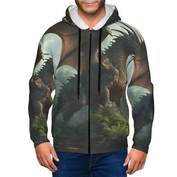 Uemuo Forest Stone-Colored Dragon for Men's Fashion Full-zip Hoodies & Sweatshirts with Kangaroo Pocket, Zip-up Hooded Sweatshirt, Moisture Wicking & Breathable-Large