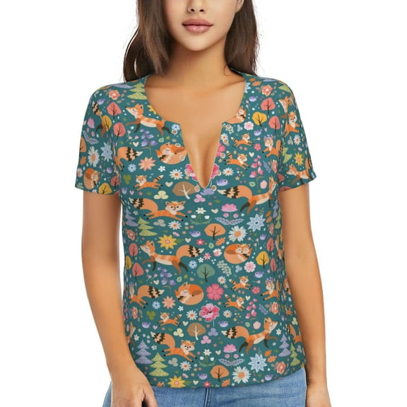 Uemuo Foxes and Birds in Forest Drawing Women's Deep V-Neck Low Cut Tops - Casual Loose Fit with Stainless Steel Loop, Soft, Breathable, Perfect for Office, Travel, and Daily Wear-X-Large