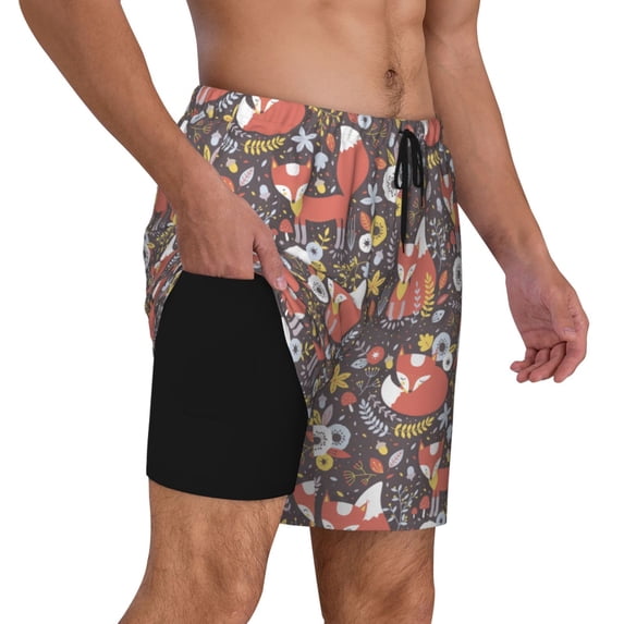Uemuo Foxes Pattern Mens Swim Trunks Quick Dry Board Shorts with Mesh Lining, Stretch Beach Shorts Quick Dry No-Chafing Board Shorts-Large