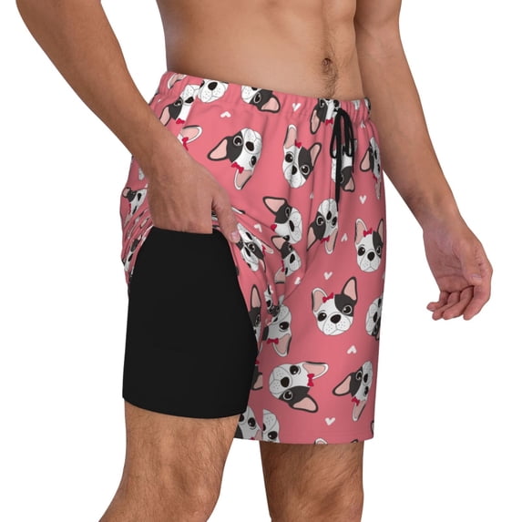 Uemuo French Bulldog Face Pattern Mens Swim Trunks Quick Dry Board Shorts with Mesh Lining, Stretch Beach Shorts Quick Dry No-Chafing Board Shorts-Small