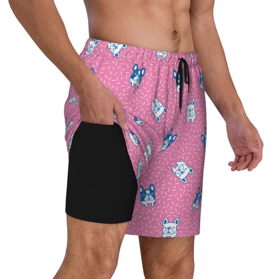 Uemuo French Bulldog Pattern Mens Swim Trunks Quick Dry Board Shorts with Mesh Lining, Stretch Beach Shorts Quick Dry No-Chafing Board Shorts-X-Large