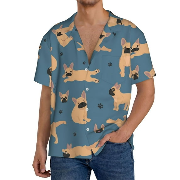 Uemuo French Bulldog Yoga Pattern Cotton Linen Short Sleeve Shirts,Casual Lightweight Button Down Shirts,Vacation Beach Summer Tops-X-Large