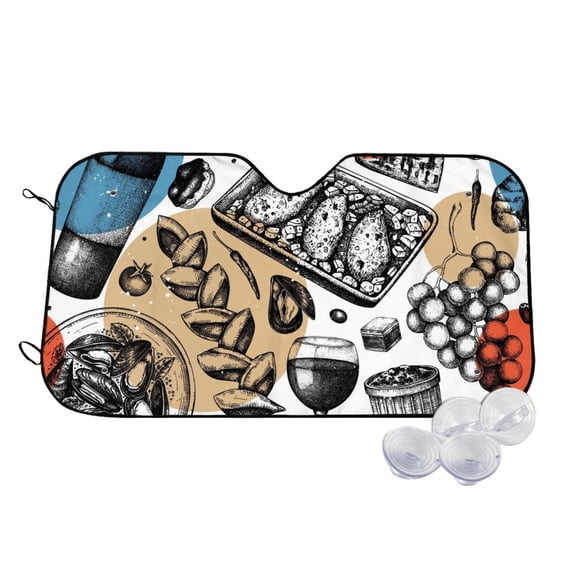 Uemuo French Food Pattern Accordion Car Windshield Sun Shade, Foldable Reflective Sun Visor for Car, Reflector Windshield Sunshade-