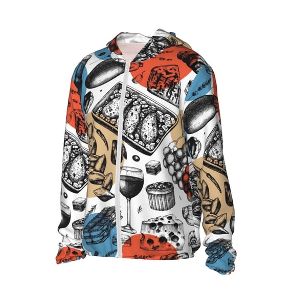 Uemuo French Food Pattern Women's Full Zip UPF 50+ Sun Protection Hoodie Jacket Long Sleeve Sun Shirt Hiking Outdoor Performance with Pockets-Small