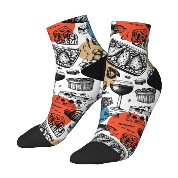 Uemuo French Food Printed Crew Socks, Moisture-Wicking Socks, Athletic Socks for Men Breathable Cushion Socks Casual Sport Socks for Running Traveling