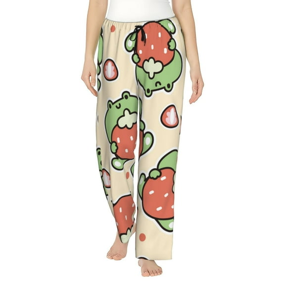 Uemuo Frog Hold Strawberry Pattern Women's Wide Leg Palazzo Lounge Pants with Pockets Light Weight Loose Comfy Casual Pajama Pants-Medium
