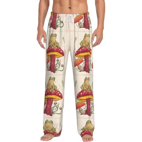 Uemuo Frog Sitting On Mushroom Pattern Men's Wide Leg Palazzo Lounge Pants with Pockets Light Weight Loose Comfy Casual Pajama Pants-X-Large