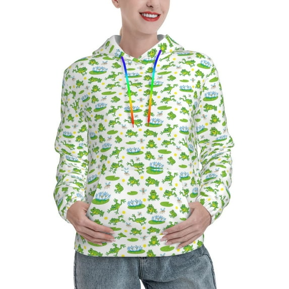Uemuo Frogs Jumping Pattern Women's Hoodie with Eye-catching Drawstrings- Casual Pullover Hoodie with Kangaroo Pocket, Stylish Hooded Sweatshirt-Small