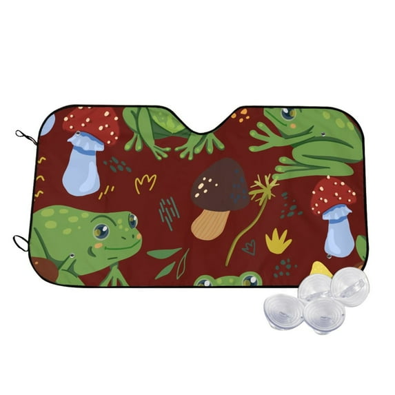 Uemuo Frogs and Mushrooms Pattern Accordion Car Windshield Sun Shade, Foldable Reflective Sun Visor for Car, Reflector Windshield Sunshade-Medium