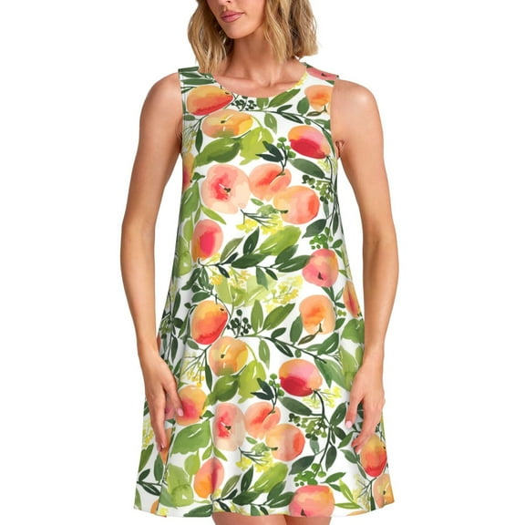 Uemuo Fruits Peach1 Pattern Women’s Sleeveless Dress – Casual Summer A-Line Dress, Stylish and Comfortable Sundress for Hot Weather