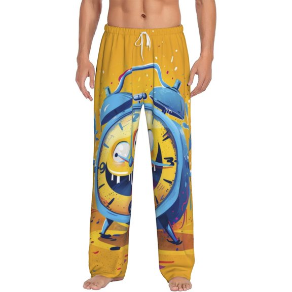 Uemuo Funny Alarm Clock Illustration Pattern Men's Wide Leg Palazzo Lounge Pants with Pockets Light Weight Loose Comfy Casual Pajama Pants-Medium