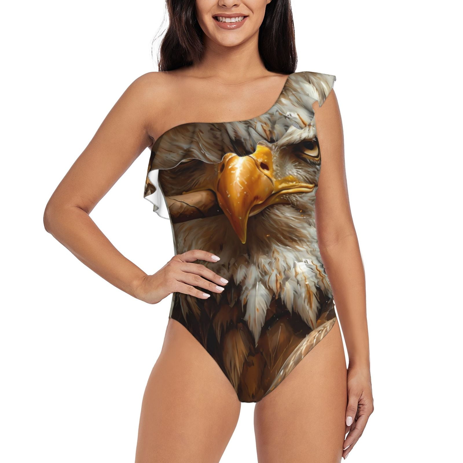 Bald Eagle Print Plunge Tie-Shoulder One Piece Swimsuit