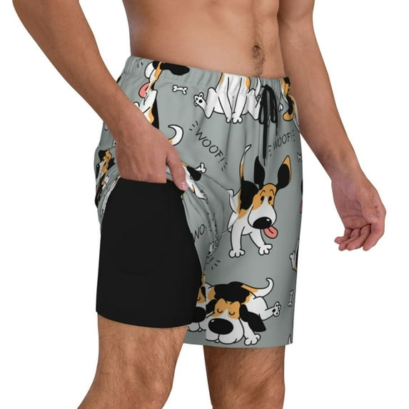 Uemuo Funny Beagle Active Dog Pattern Mens Swim Trunks Quick Dry Board Shorts with Mesh Lining, Stretch Beach Shorts Quick Dry No-Chafing Board Shorts-