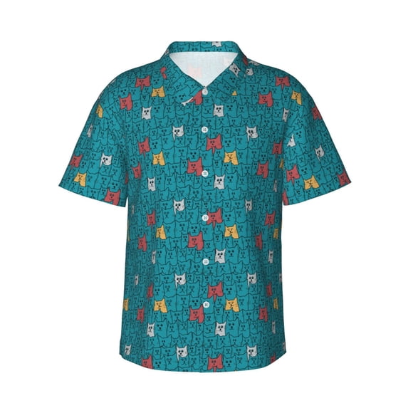 Uemuo Funny Cat Blue Printed Regular Fit Short Sleeve Casual Hawaiian Shirt for Men,Aloha shirt,Tropical shirt,Floral print shirt,Vacation Beach shirt-X-Large