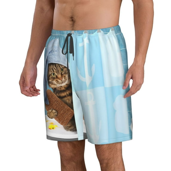 Uemuo Funny Cat Taking a Bath Pattern Men's Swim Trunks Hawaiian Beach Bathing Suit Swimsuits Beach Quick-Dry Shorts with Pockets-3X-Large
