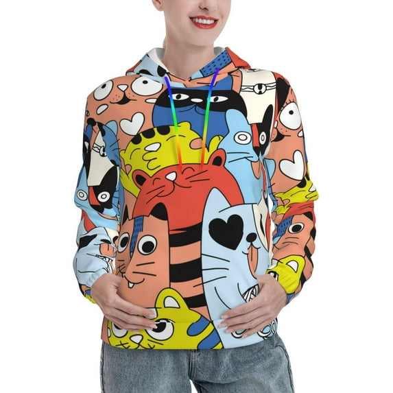 Uemuo Funny Cats Pattern Women's Hoodie with Eye-catching Drawstrings- Casual Pullover Hoodie with Kangaroo Pocket, Stylish Hooded Sweatshirt-Small