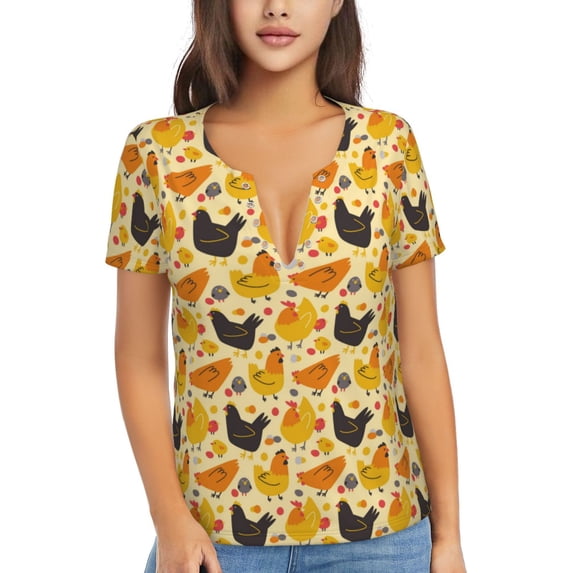 Uemuo Funny Chicken Drawing Women's Deep V-Neck Low Cut Tops - Casual Loose Fit with Stainless Steel Loop, Soft, Breathable, Perfect for Office, Travel, and Daily Wear-Medium