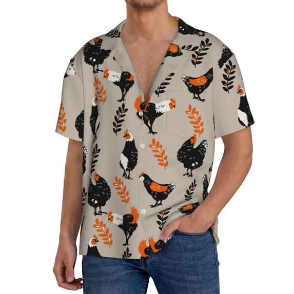 Uemuo Funny Chicken Pattern Cotton Linen Short Sleeve Shirts,Casual Lightweight Button Down Shirts,Vacation Beach Summer Tops-Large
