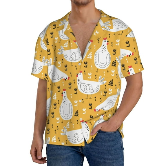 Uemuo Funny Chicken Pattern Cotton Linen Short Sleeve Shirts,Casual Lightweight Button Down Shirts,Vacation Beach Summer Tops-Medium