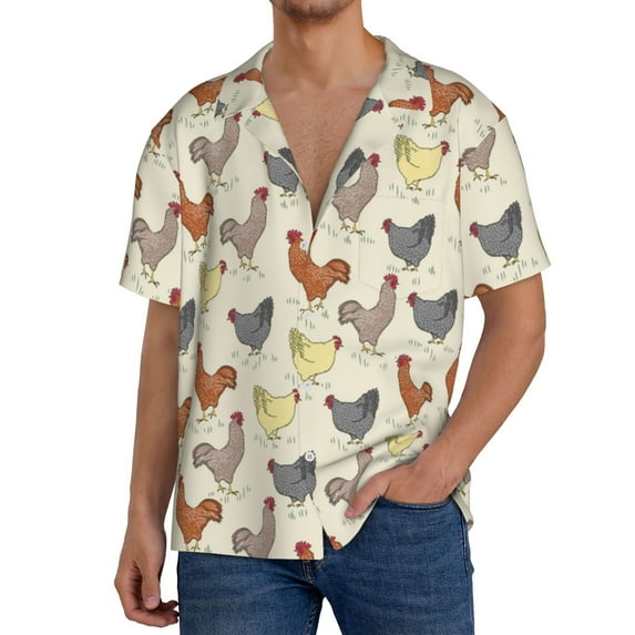 Uemuo Funny Chicken Pattern Cotton Linen Short Sleeve Shirts,Casual Lightweight Button Down Shirts,Vacation Beach Summer Tops-Small