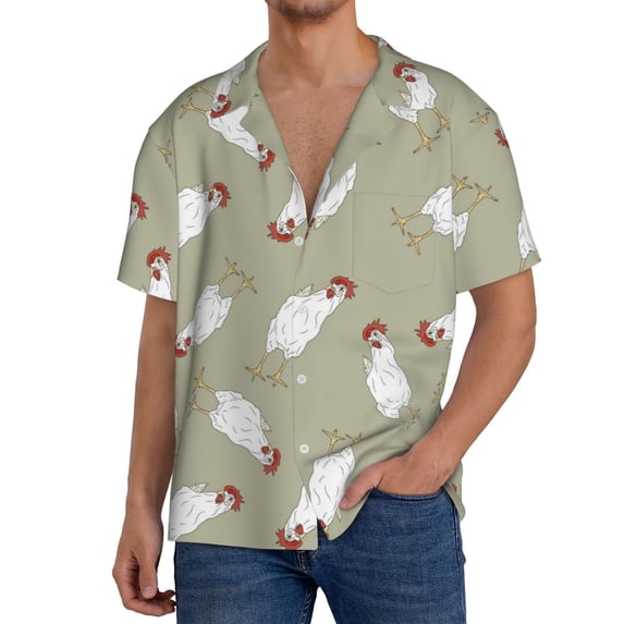 Uemuo Funny Chicken Pattern Cotton Linen Short Sleeve Shirts,Casual Lightweight Button Down Shirts,Vacation Beach Summer Tops-XX-Large