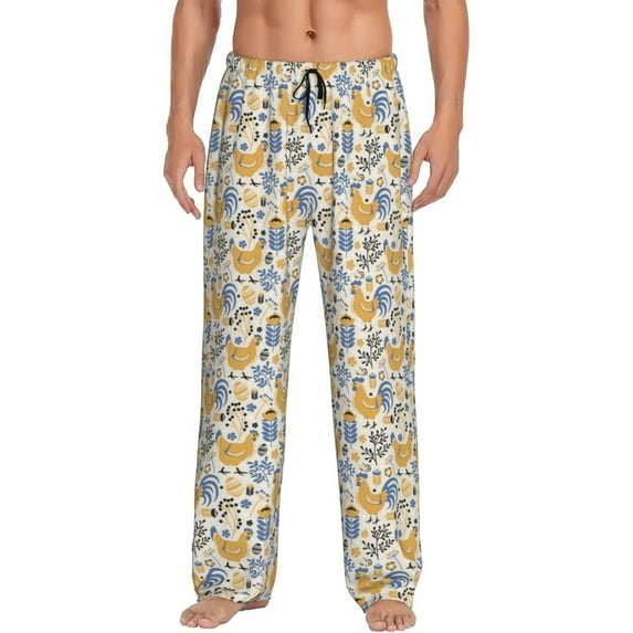 Uemuo Funny Chicken Pattern Men's Wide Leg Palazzo Lounge Pants with Pockets Light Weight Loose Comfy Casual Pajama Pants-Large